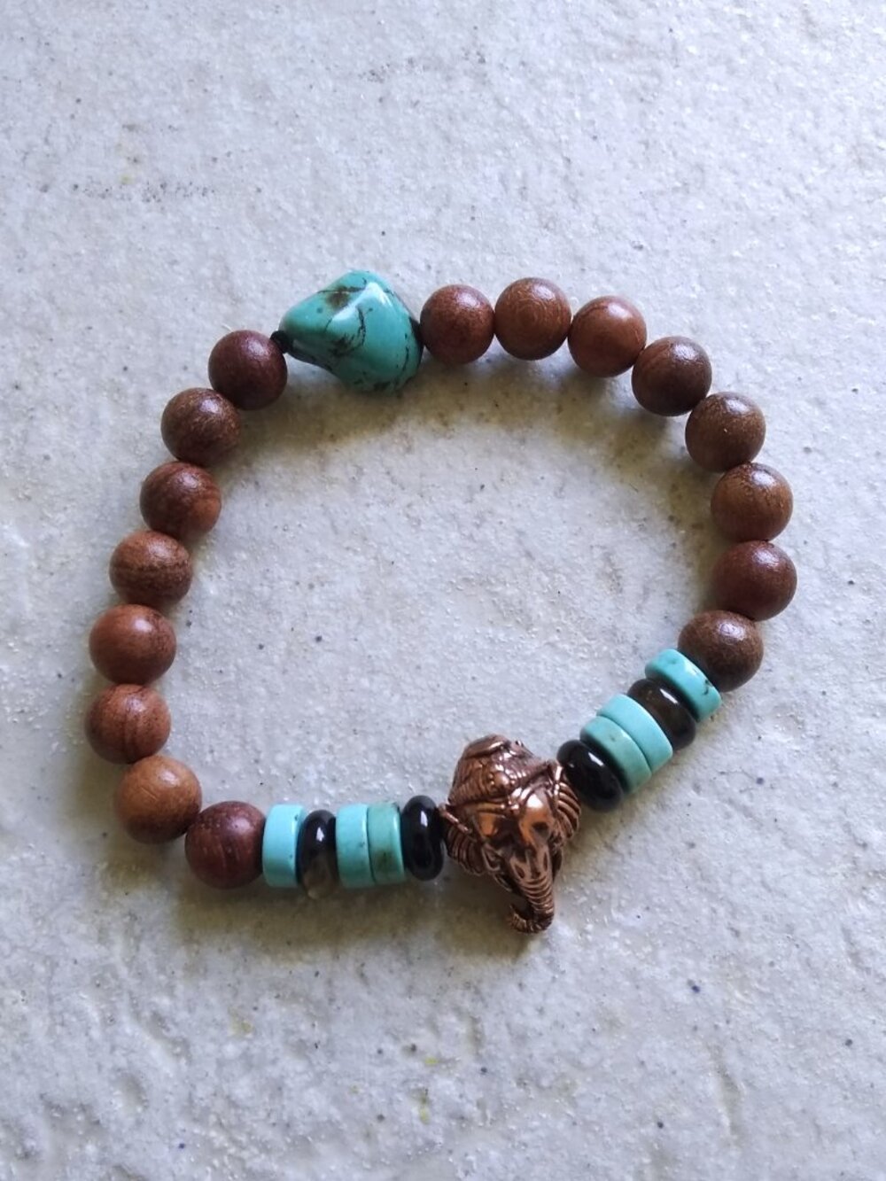 Elephant Lovers! Gorgeous Turquoise + Brown Mixed Bead Bracelet + Elephant Skull